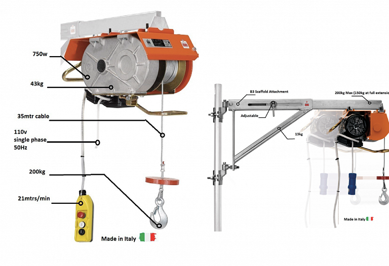 110v Electric Scaffold Hoist 200kg Capacity, 35m Cable with Support Arm and Bracket